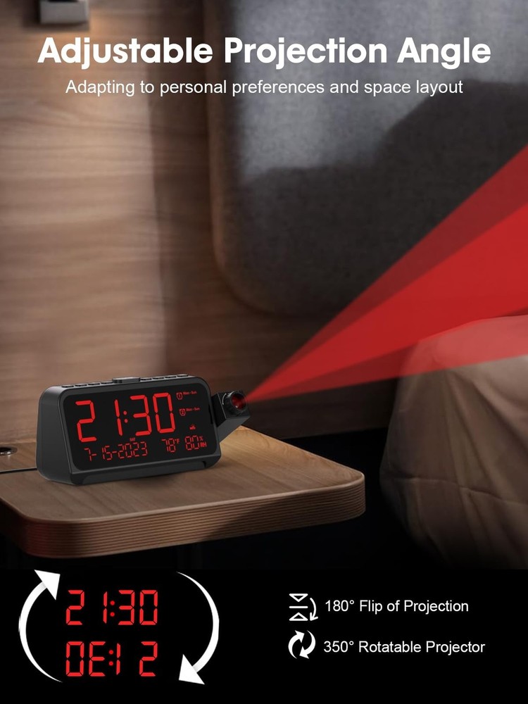 ROCAM Projection Clock for Bedroom, Digital Clock with 180° Projector on Ce