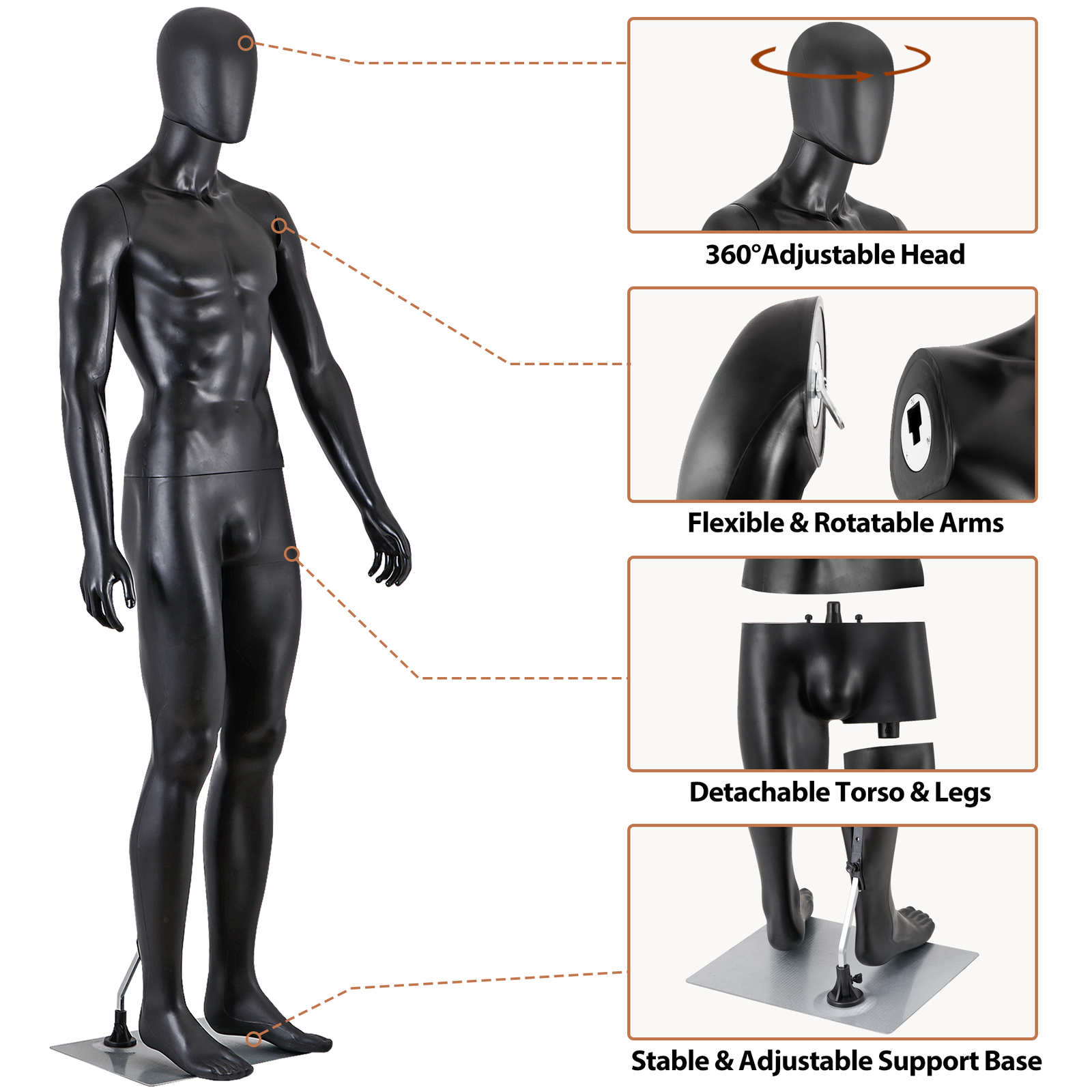 73"H Male Mannequin Full Body Realistic Display Head Turns Dress Form Base Black