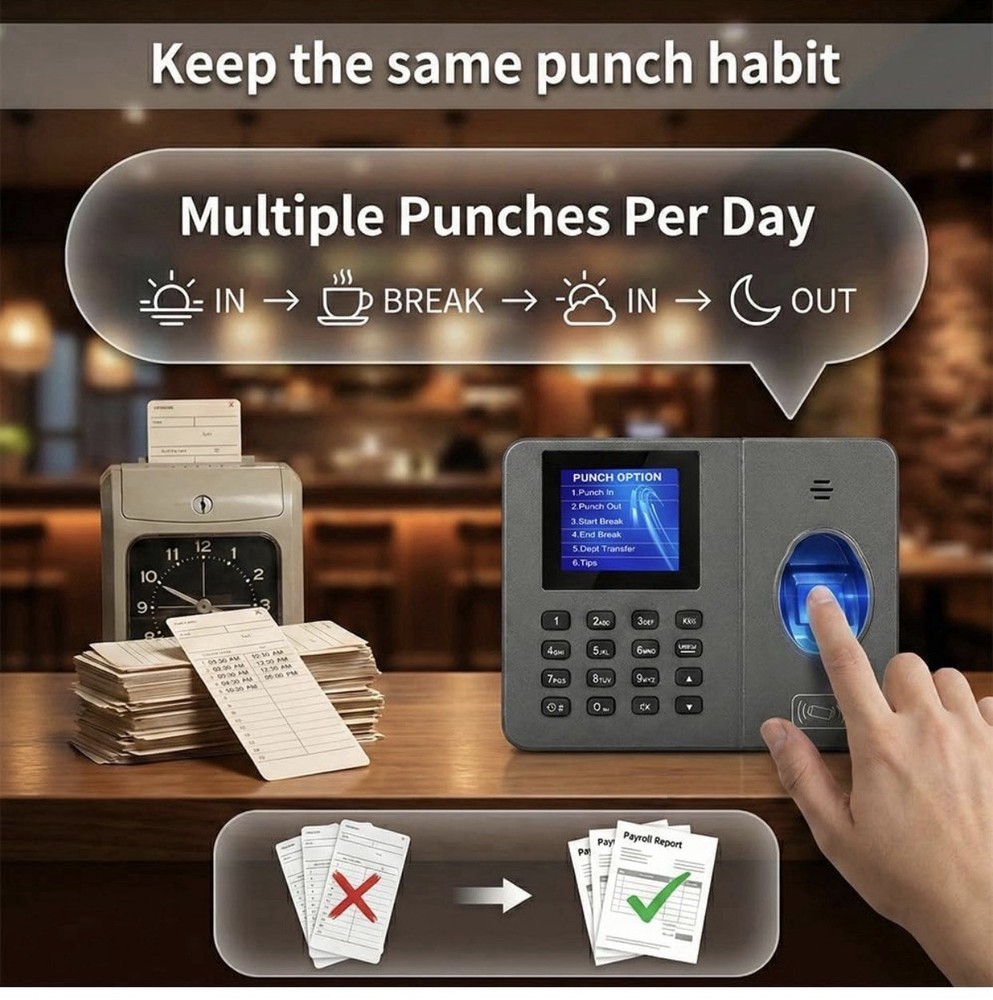 Black App-Based Time Clock – Fingerprint Attendance for Small Business