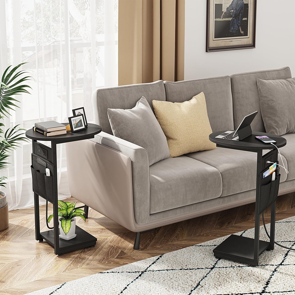 C Shaped End Table With Charging Station Small Side Table Round Couch Black