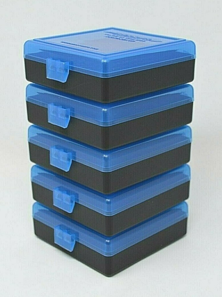 (5 PACK) Capacity 100 Each / BLUE TOP-BLACK BOTTOM 22 lr Ammo Box / Case