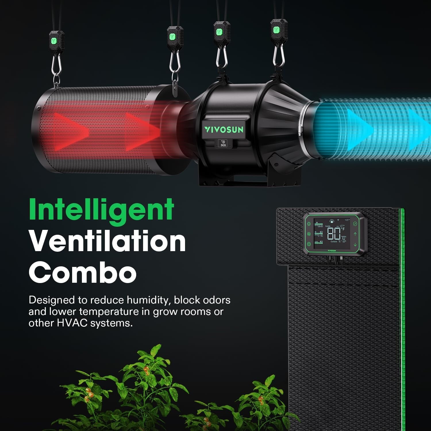 VIVOSUN AeroZesh T6 6'' 408 CFM Inline Duct Fan w/E42A,Carbon Filter &8' Ducting