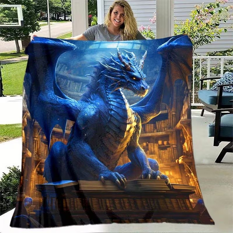 1pc Blue Vintage Library Dragon Throw Blanket