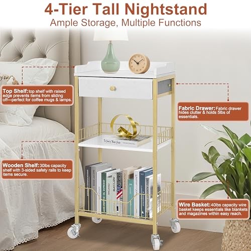 Small Tall Side Table with Storage Basket, High End Table with Gold With White