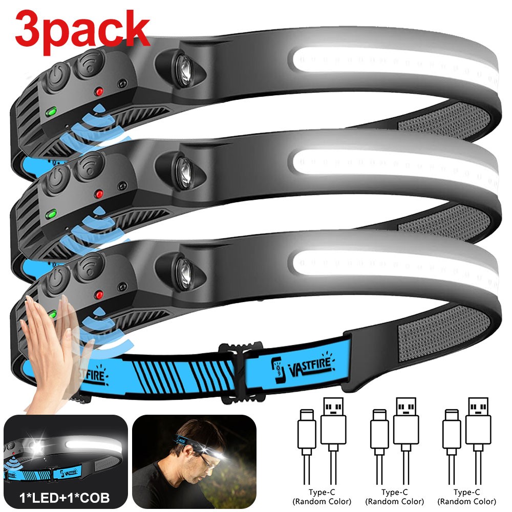 3X Headlamp COB LED Rechargeable Headlight Torch Work Light Bar Head Band USB
