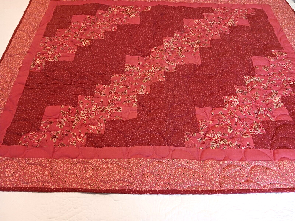 Pretty Handmade Patchwork Quilt Throw Blanket Diagonal Pattern Peach Rust 38x48"