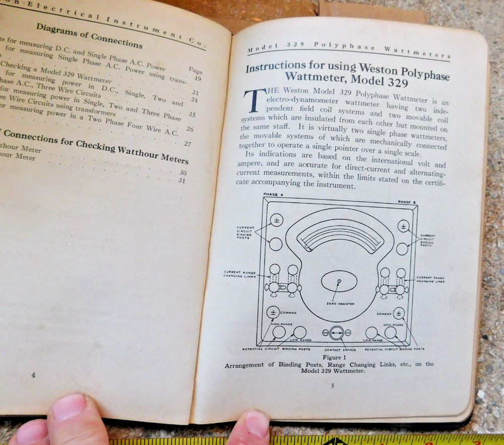ANTIQUE WESTON MODEL 329 POLYPHASE WATTMETER IN WOOD CASE WITH INSTRUCTION BOOK