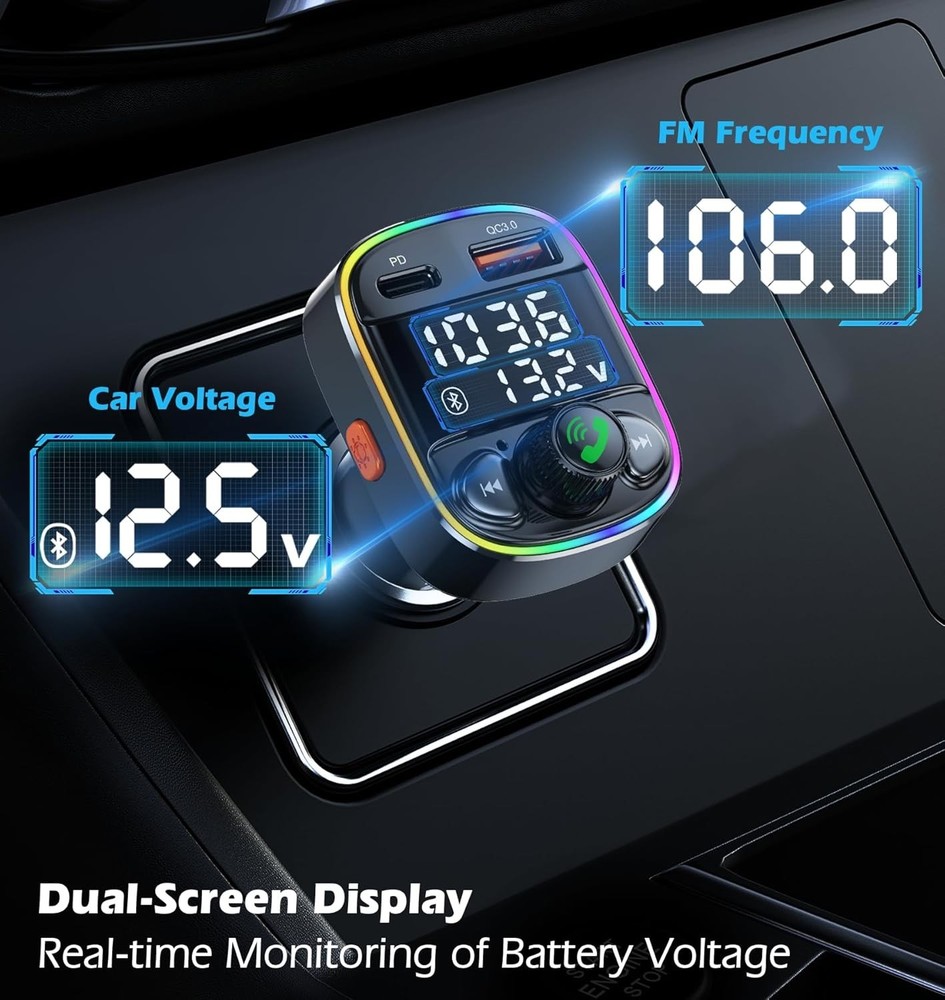 Bluetooth 5.4 Bluetooth Car Adapter, FM Transmitter with Qc3.0/Type-C 42W Fast C