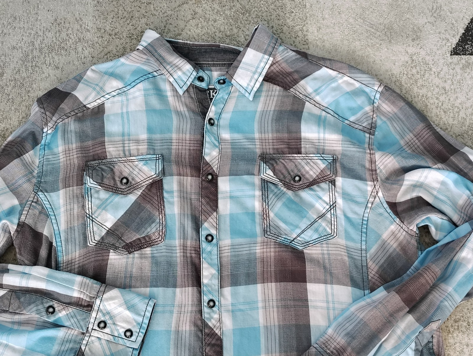 BKE Cowboy Rodeo Pearl Snap Men's Plaid Shirt Blue Gray XL