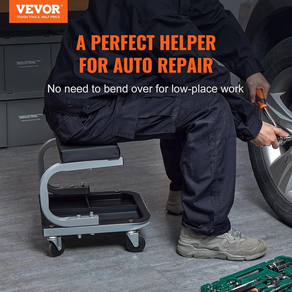 Padded Workshop Stool - 250LBS Rolling Stool with Tool Storage for Mechanics