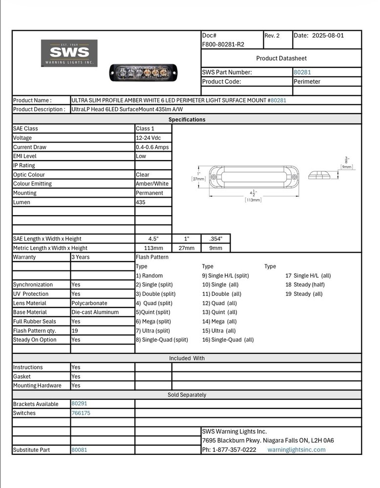 SWS 80281 – Amber & White LED Strobe Perimeter Light. 19 Flash Patterns.