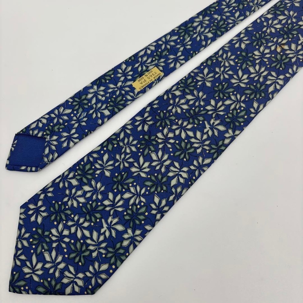 HERMES tie floral pattern all over blue white SILK 100