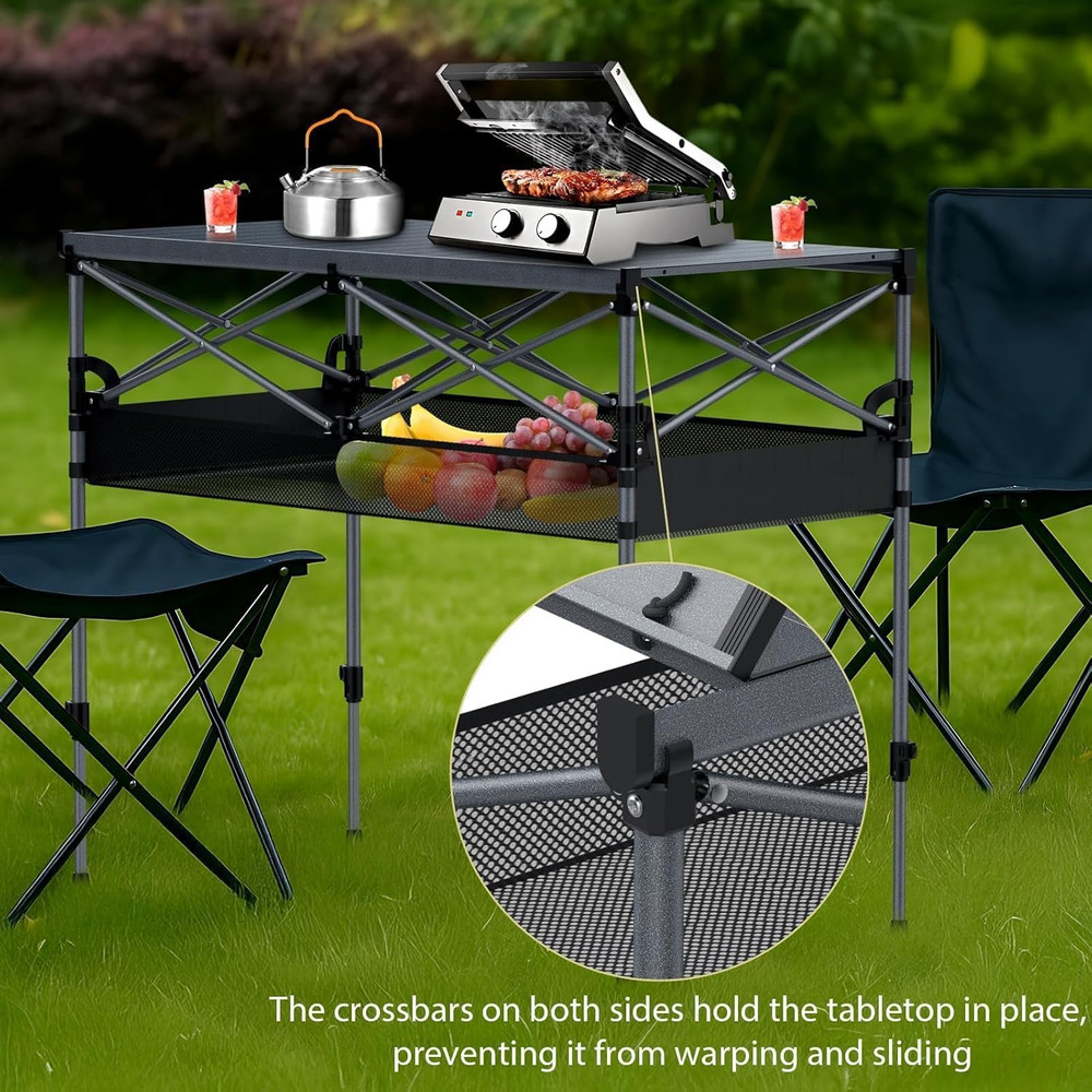 34.2” Tall Camping Table Foldable, 2 Adjustable Height Large Roll up Camping Tab