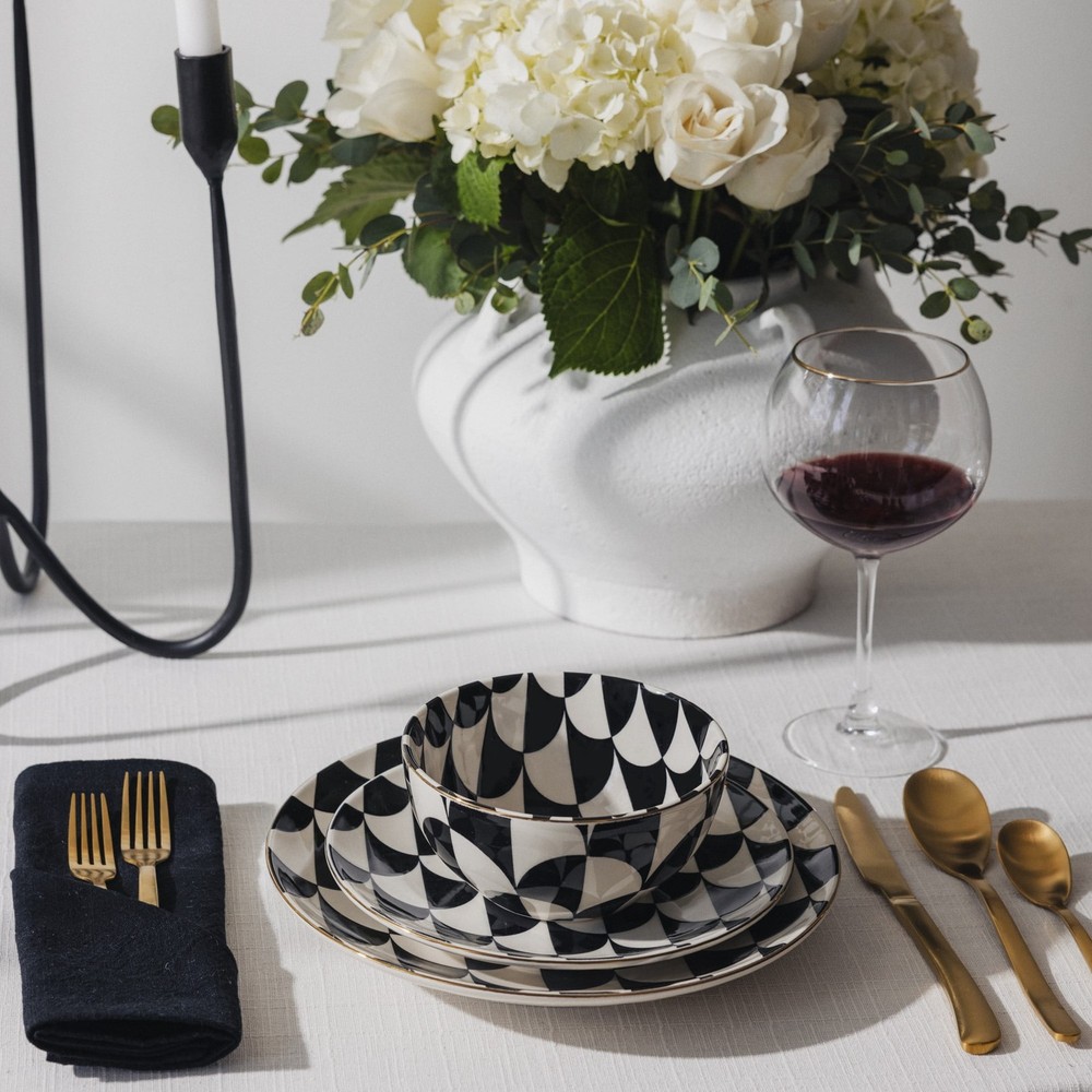 Emmett 12-Piece Ceramic Dinnerware Set Black & White