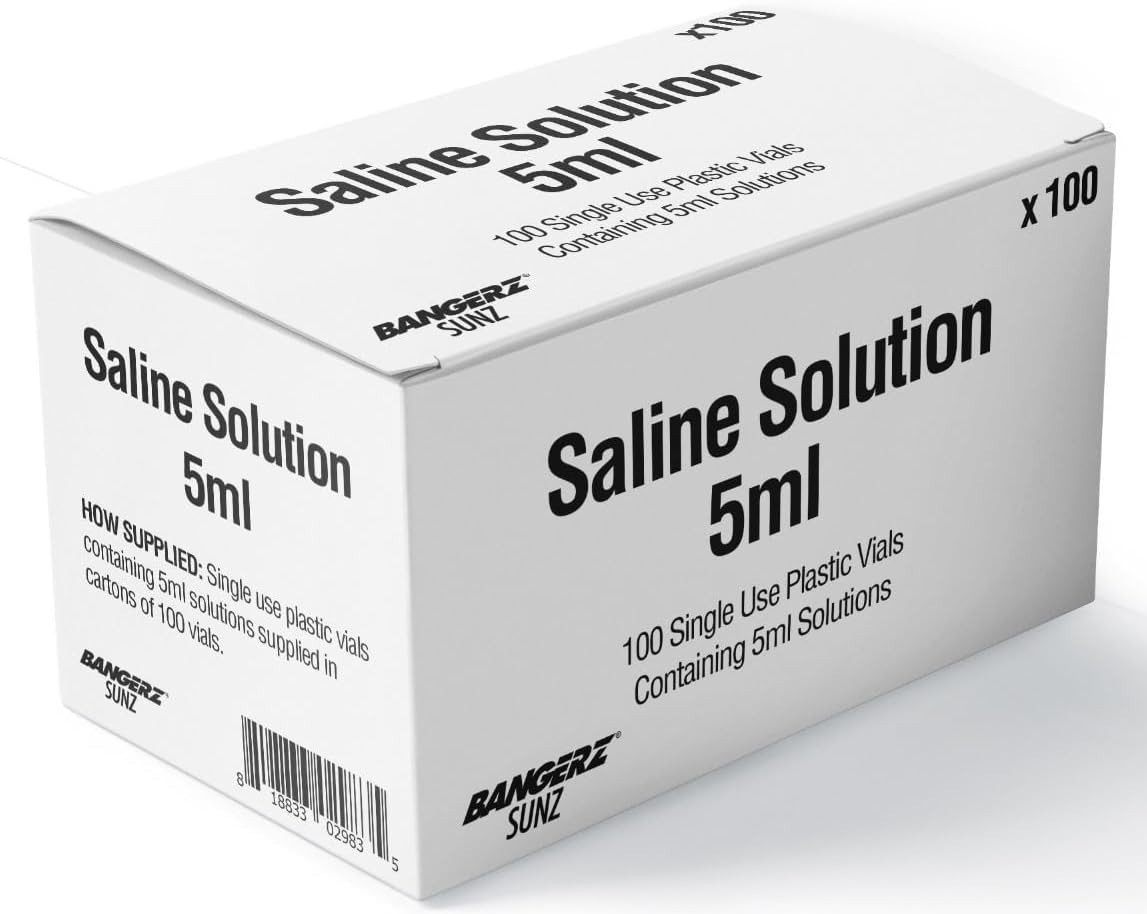 Bangerz Sunz Saline Solution 5ml Unit, 100 Box, Sterile & Preservative-Free, NEW