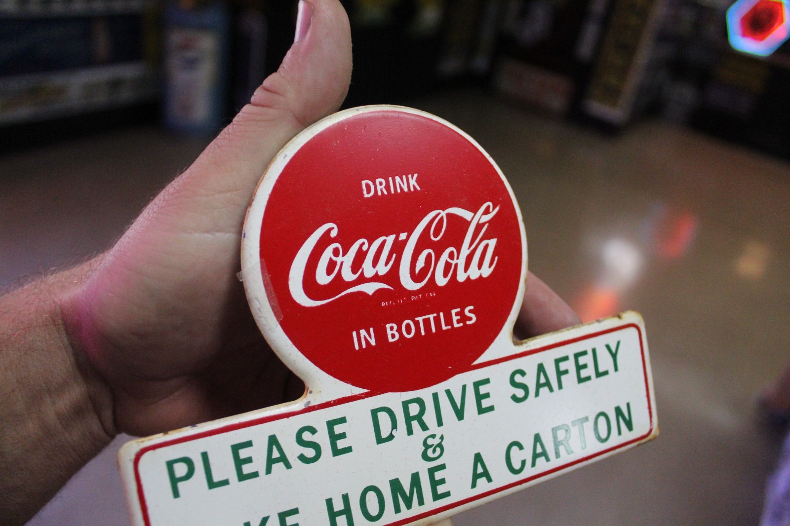RARE 1950s DRINK COCA COLA DRIVE SAFELY STAMPED PAINTED METAL TOPPER SIGN SODA
