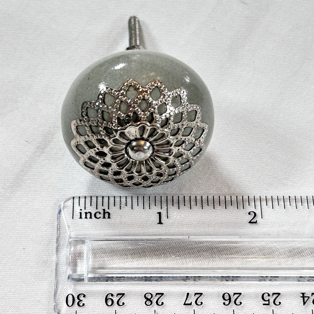 Set of 4 Casa Decor Ceramic Gray & Silver Drawer Cabinet Knobs/Pulls Moroccan