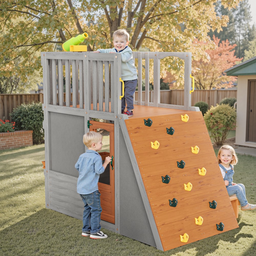 Wooden 2-Story Playhouse Tower with Telescope Ladder Ramp for Kids