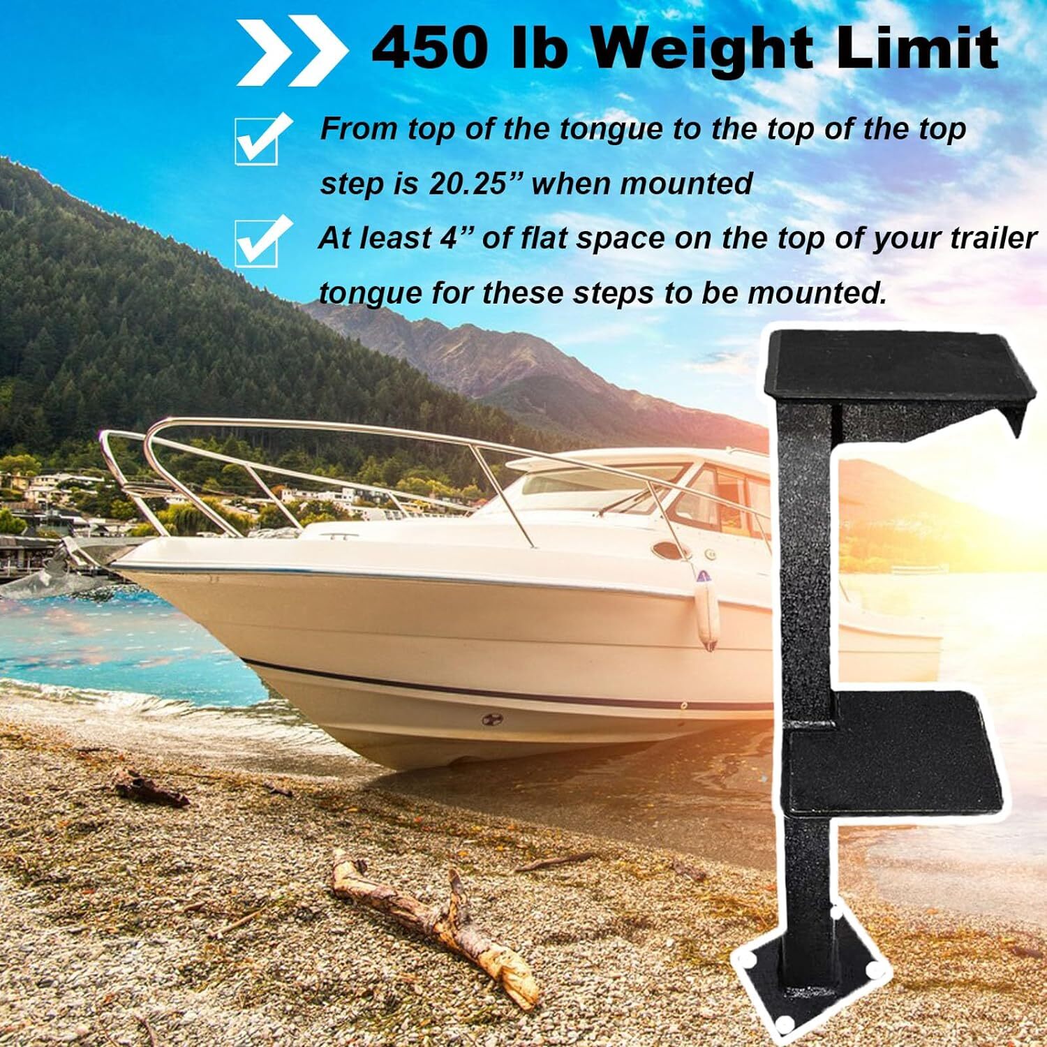 Dual Step Boat Trailer Steps for The Tongue with Handle, Universal Fit Bass Boat