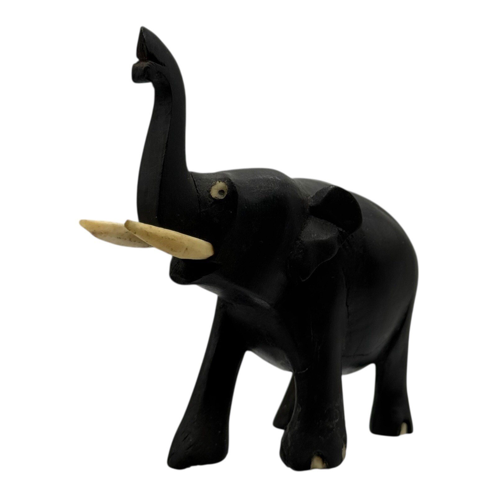 Elephant Figurine Wood Carved Trunk Up Good Luck Home Decor Vintage Statue