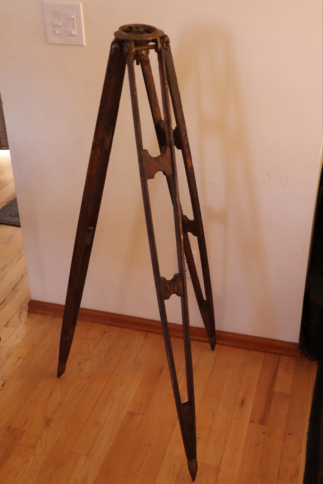 Antique Wood Survey Tripod Oak And Brass