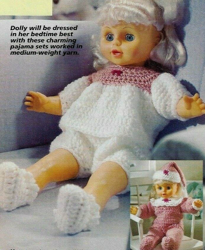SWEET DREAMS 2 PAJAMA SETS 18" DOLL DIGEST SIZE CROCHET PATTERN INSTRUCTIONS