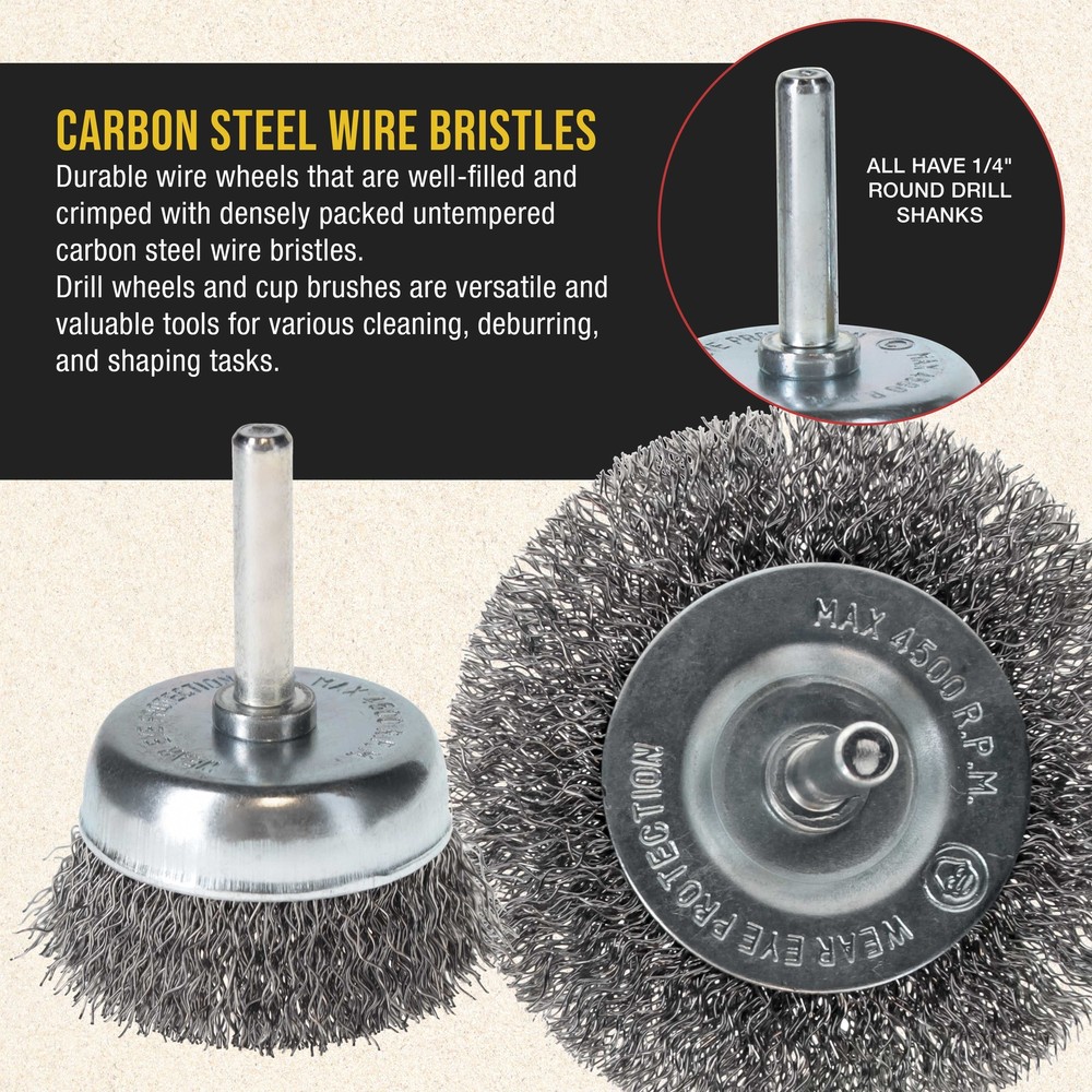 6pc Abrasive Wire Wheel and Cup Brush Set, 1/4" Drill Shank, Grind Remove Rust