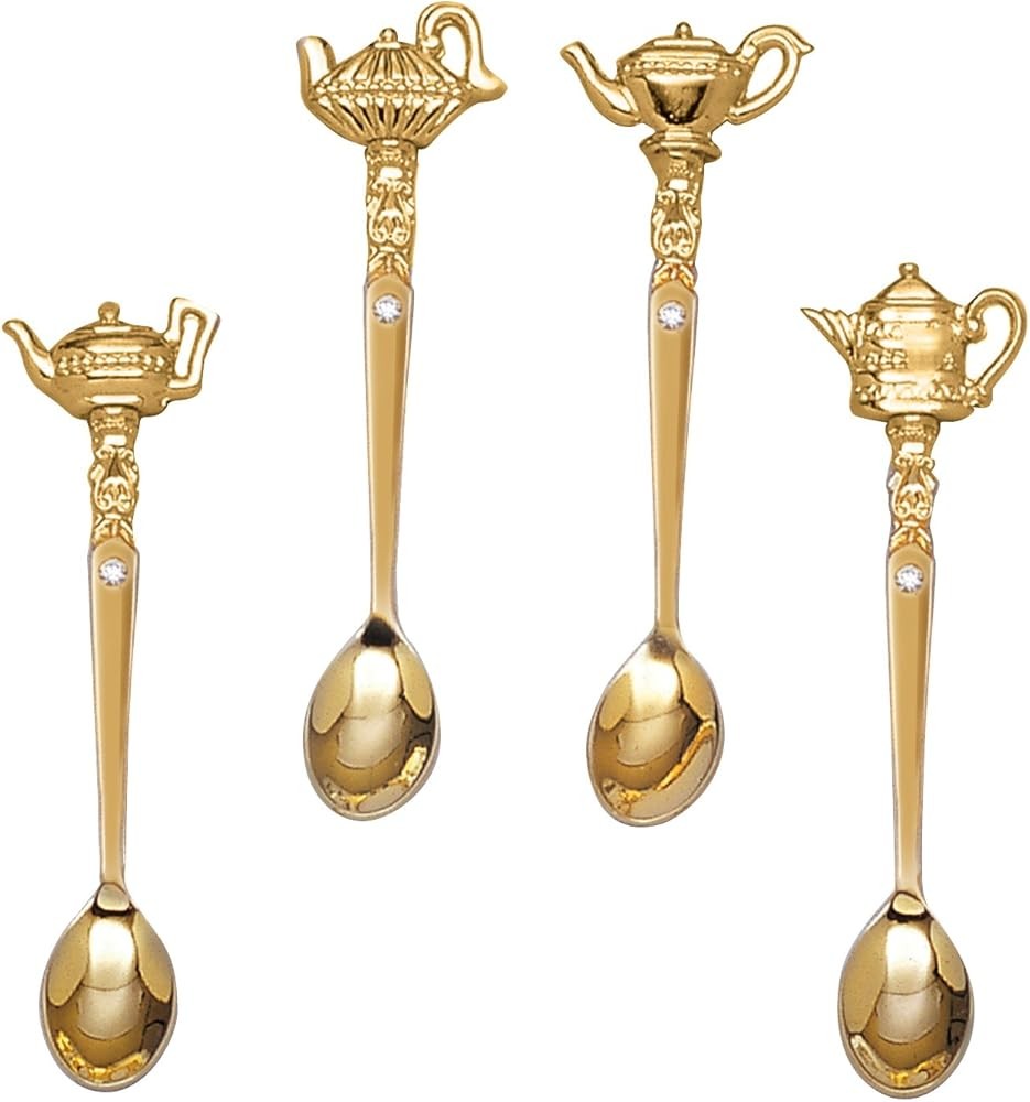 87626 Gold Finish Teapot Tea Spoon with Crystal, Height, Width, Length