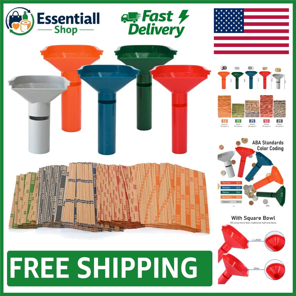175 Assorted Coin Wrappers & 5 Color-Coded Sorting Tubes for Easy Use