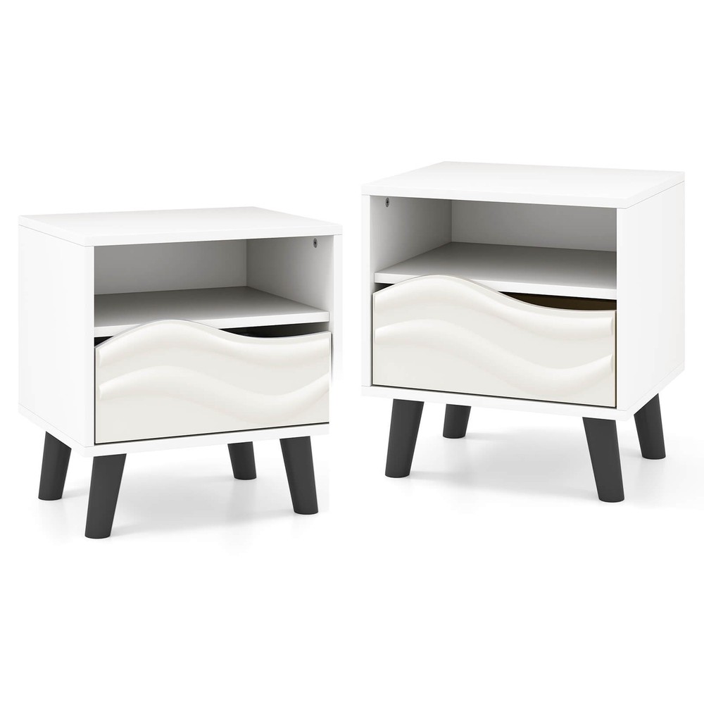 2PCS Nightstand w/Drawer 3D Wavy Pattern Open Shelf Small Sofa Couch Side Table