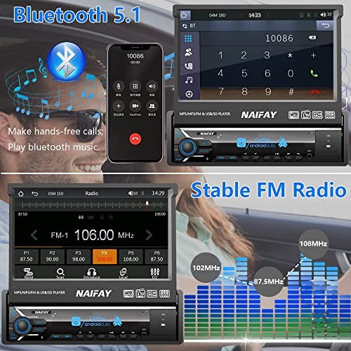 Single Din Touchscreen Car Stereo with Carplay & Android Auto, 7inch Flip Out
