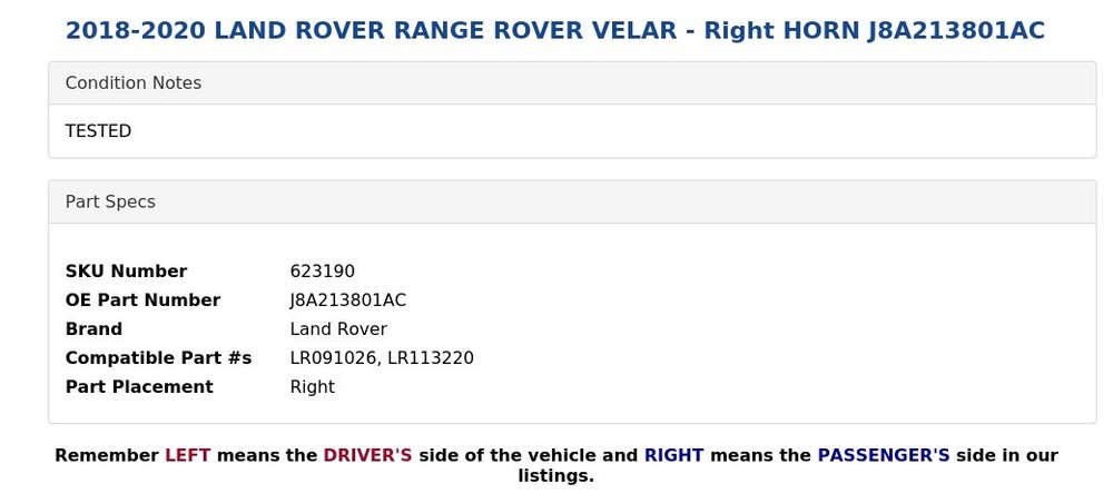 2018-2020 LAND ROVER RANGE ROVER VELAR - Right HORN J8A213801AC