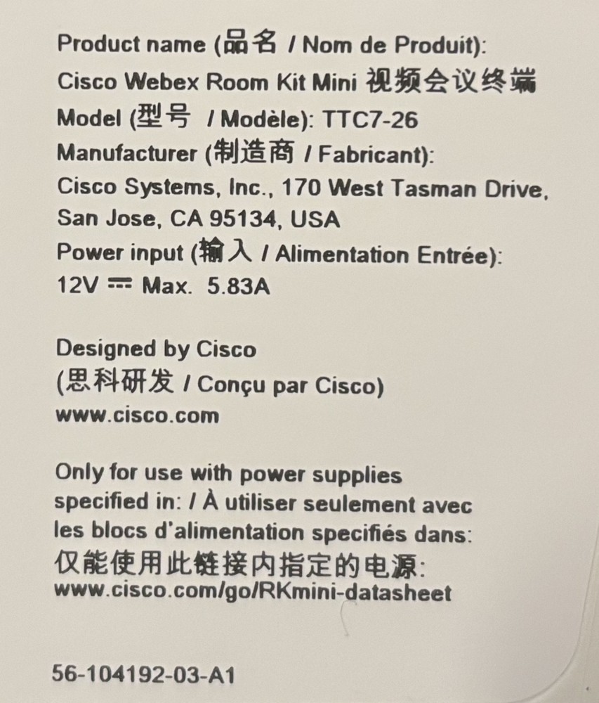 Cisco Webex Room Kit Mini HDMI 4K Camera Only CS-KIT-MINI-V01 - WITHOUT Tablet