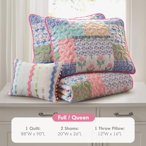 Full Floral Patchwork Quilt Set, Reversible Lightweight Boho Full/Queen Pink