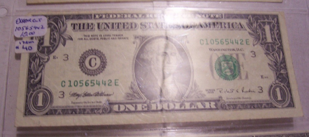 ERROR CUT US ONE DOLLAR FEDERAL RESERVE NOTE 1995 ser# C 10565442 E  LUCKY DATES