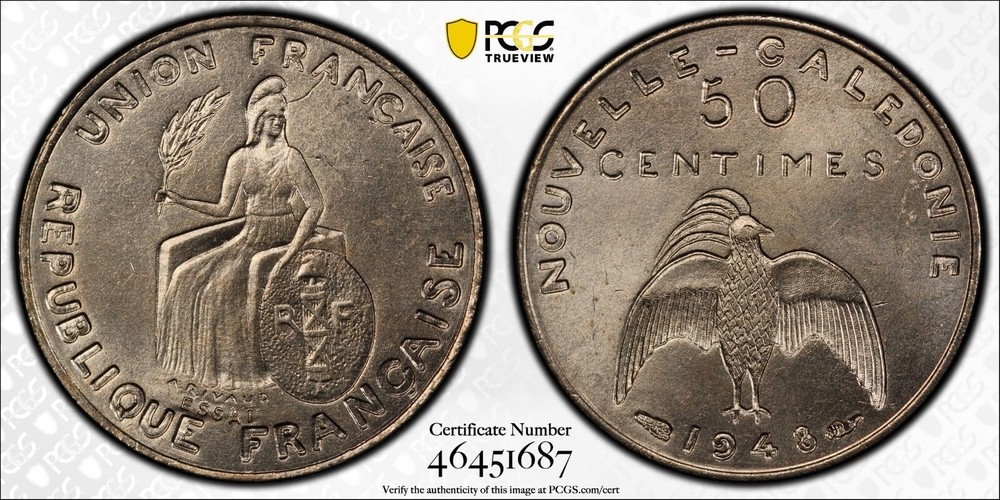 1948 New Caledonia Incuse Pattern 50 Centimes PCGS SP 65