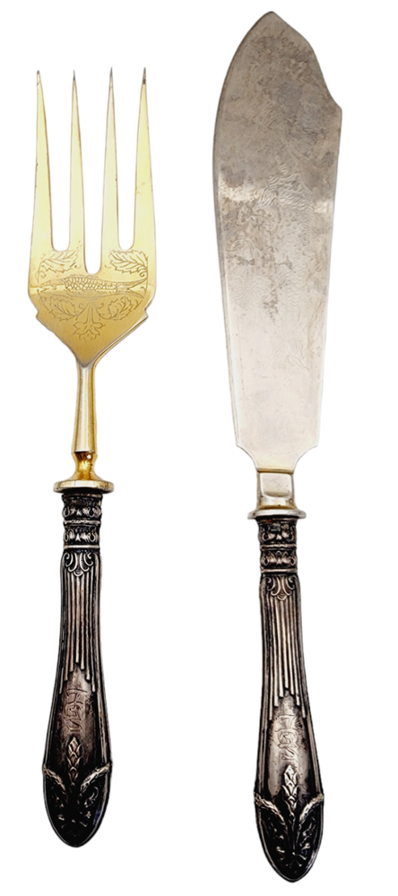 Antique Russian 875 Solid Silver Fish Serving Set Fork Knife Neo Classic Design