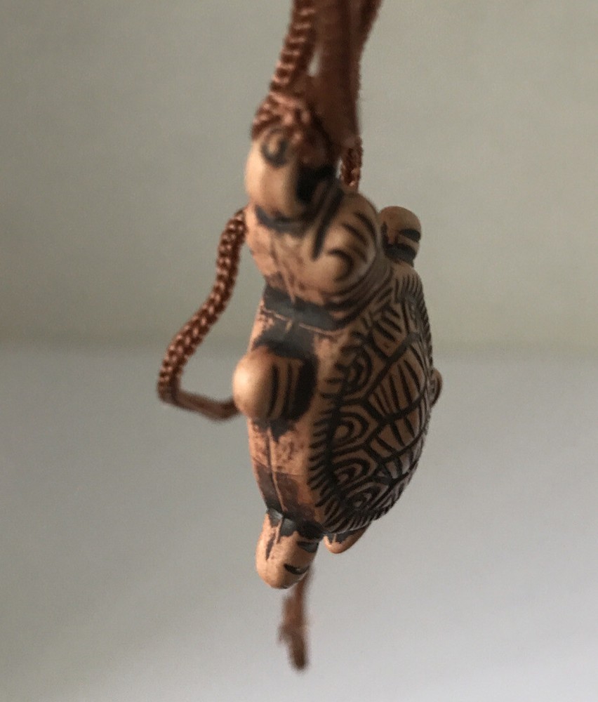 Resin turtle pendant with adjustable rope chain.