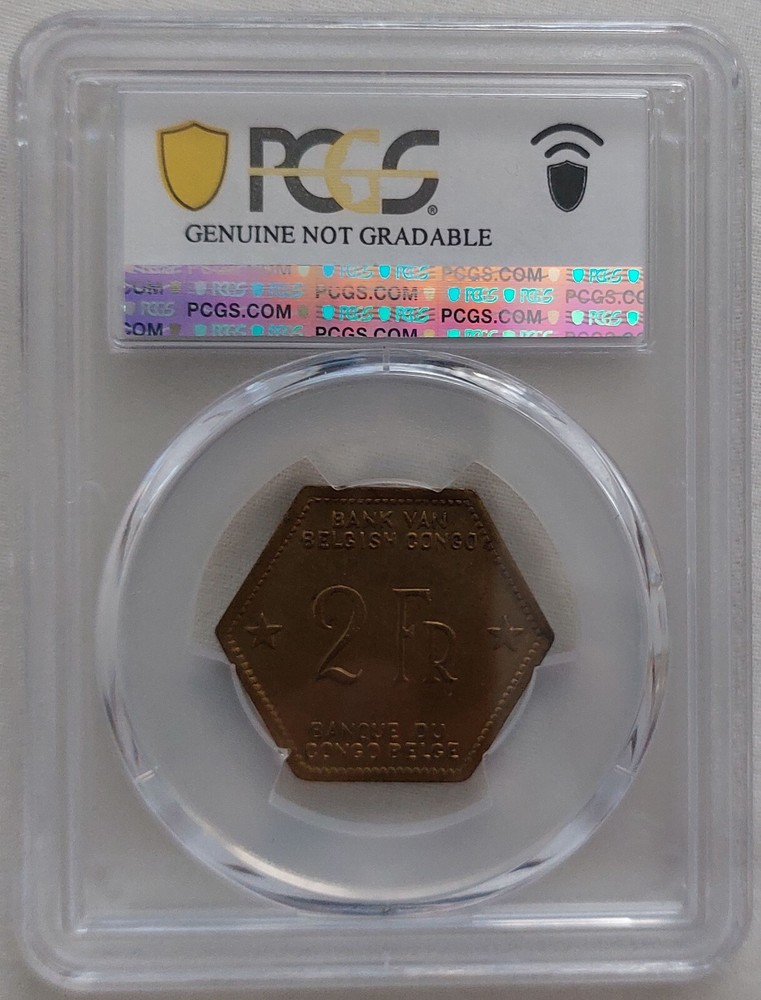 BELGIAN CONGO 2 FRANCS HEXAGONAL COIN 1943 YEAR KM#25 ELEPHANT PCGS GRADING