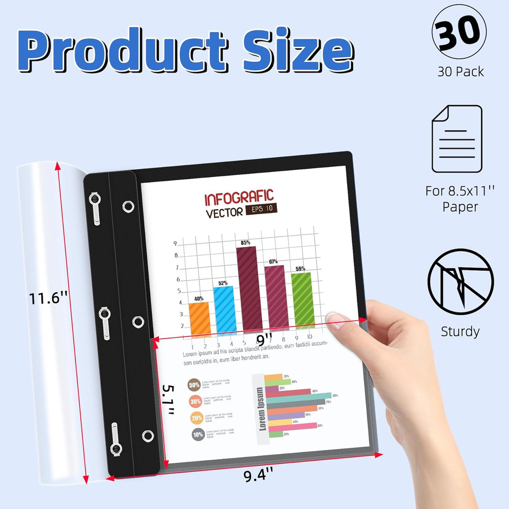 30 Pack Plastic Report Covers with 3-Prong Fasteners Clear Front Presentation Fo
