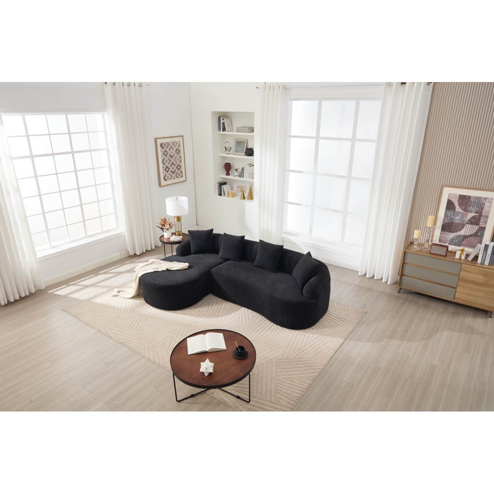 L-Shape Sectional Sofa w/ Chaise, Black Chenille Modular Couch, 30D Foam