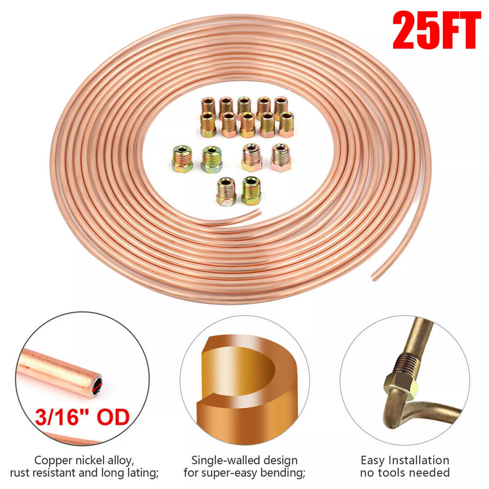 Copper Nickel Brake Line Tubing Kit 3/16 OD 25 Ft Coil Roll all Size Fittings