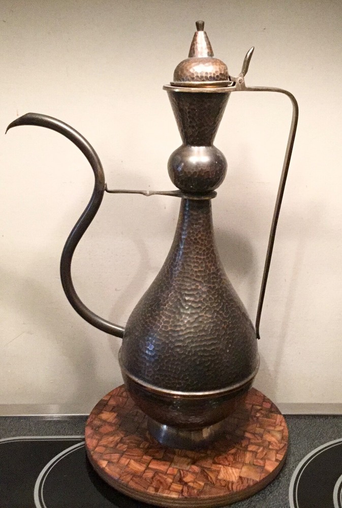 AGED BRASS COFFEE TEA WATER POT MIDDLE EASTERN ARABIC ISLAMIC ETCHED PATTERN