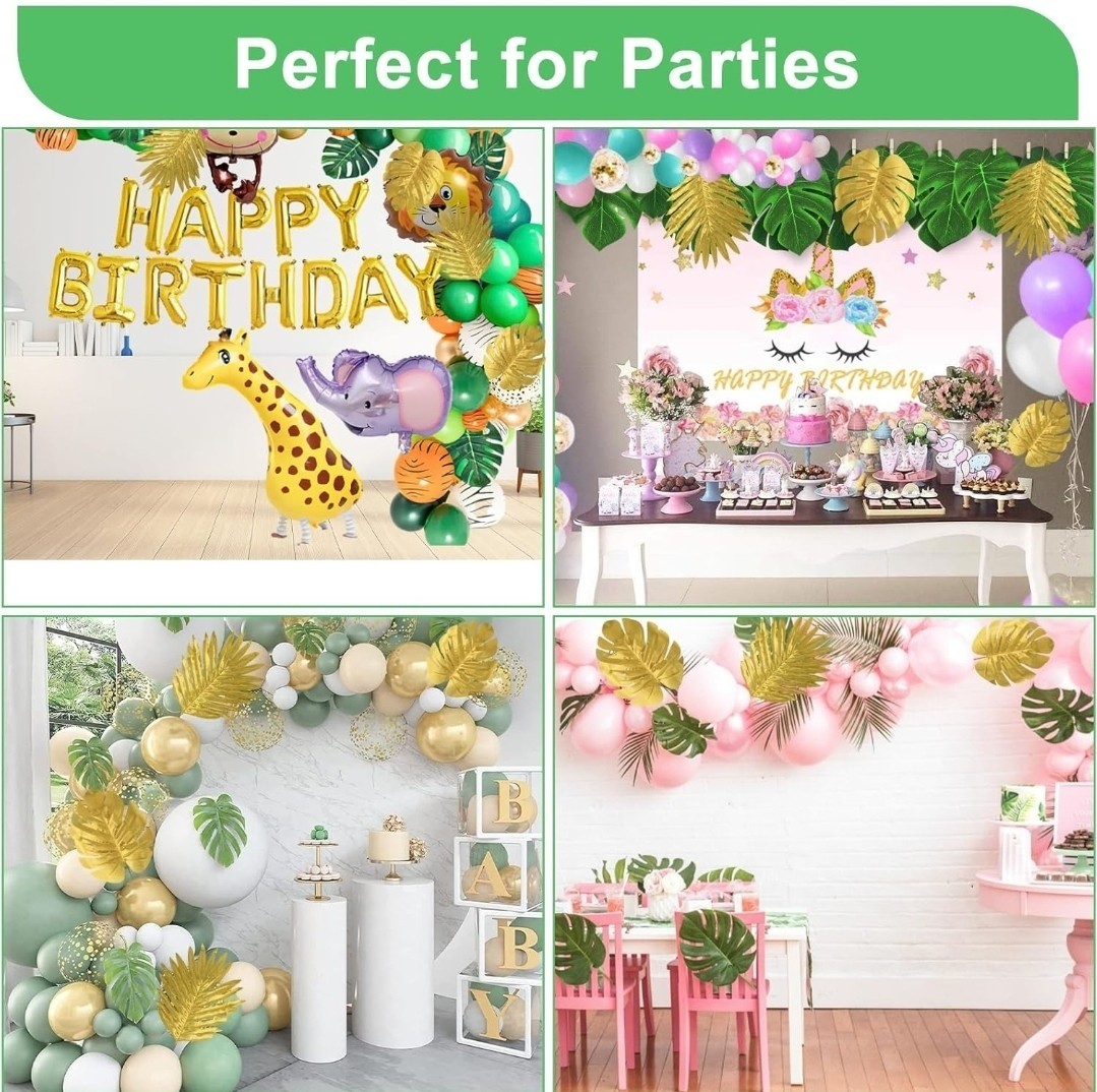 112 Pieces 10 Kinds Artificial Palm Leaves Golden Tropical Leaves with Stems Jun