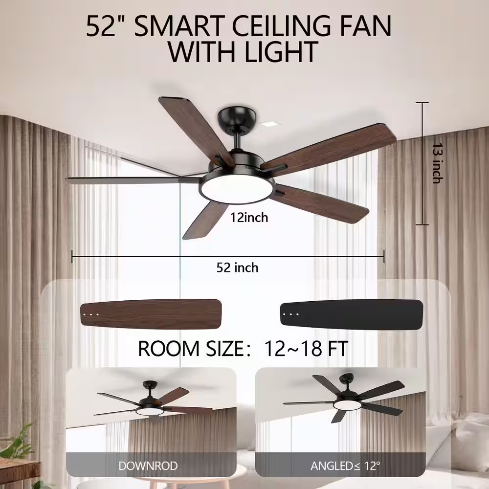 T5 52 In. Smart Indoor Black Ceiling Fan with Dimmable LED Light Compatible with