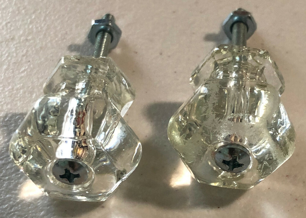 OLD ANTIQUE VINTAGE PAIR OF SOLID GLASS DRAWER KNOBS PULLS HANDLES