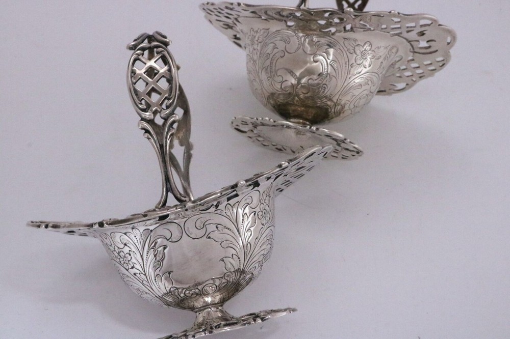 Pair Antique Sterling Silver Sugar Baskets w/ Handles, Engraved Pattern – Heavy