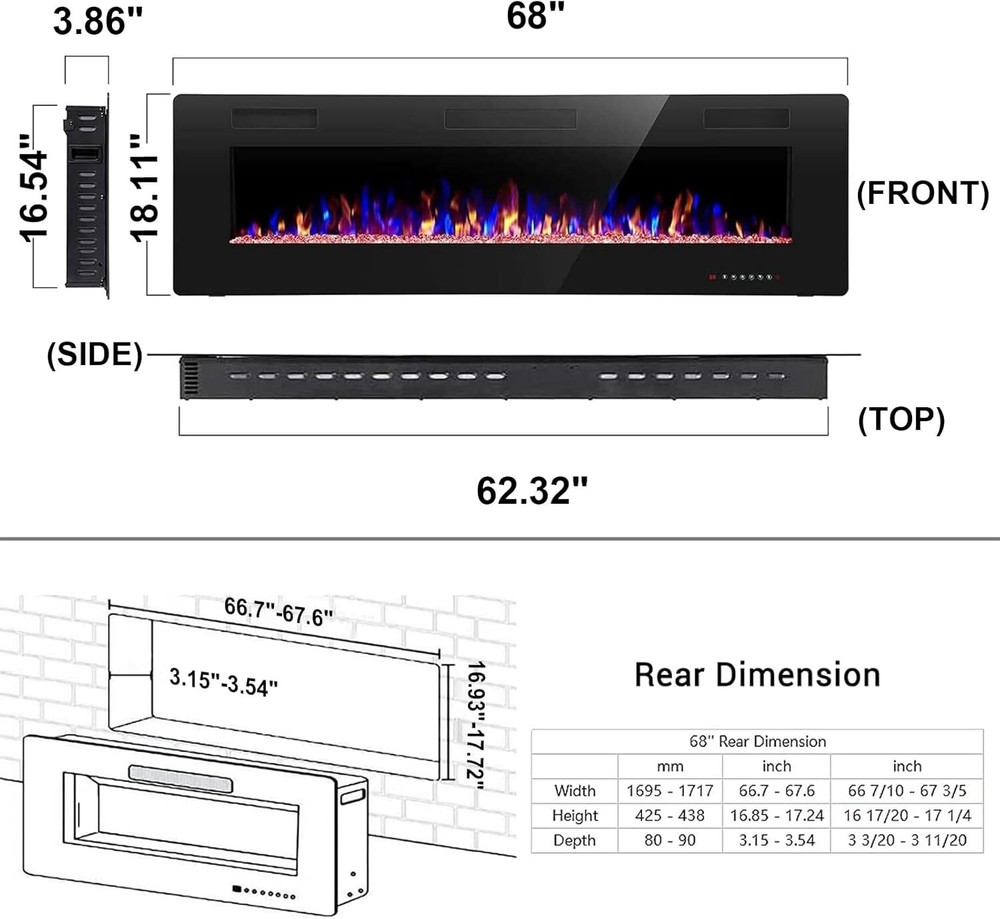 68 Inch Electric Fireplace Inserts, in-Wall Recessed & Wall Mounted,Remote&Timer