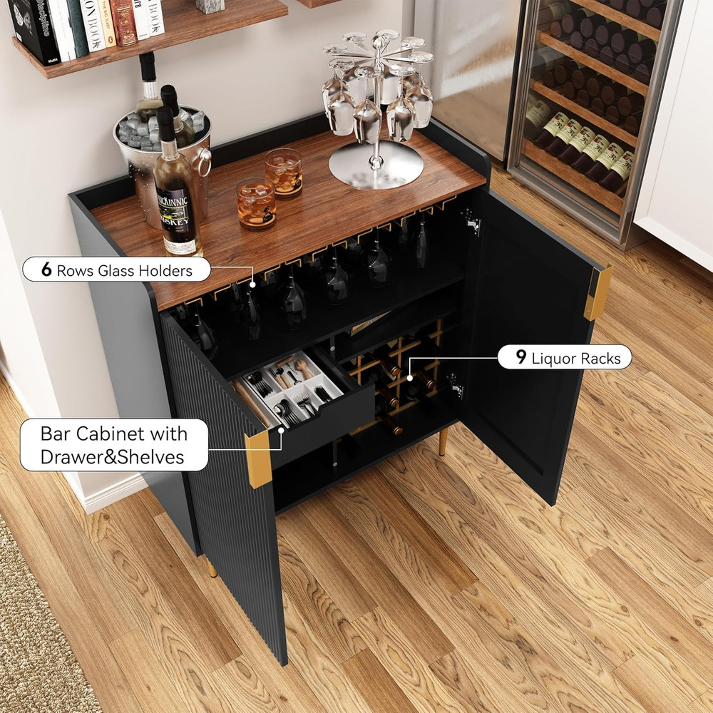 Modern Fluted Sideboard Buffet Cabinet with Wine Rack & Drawers, Black