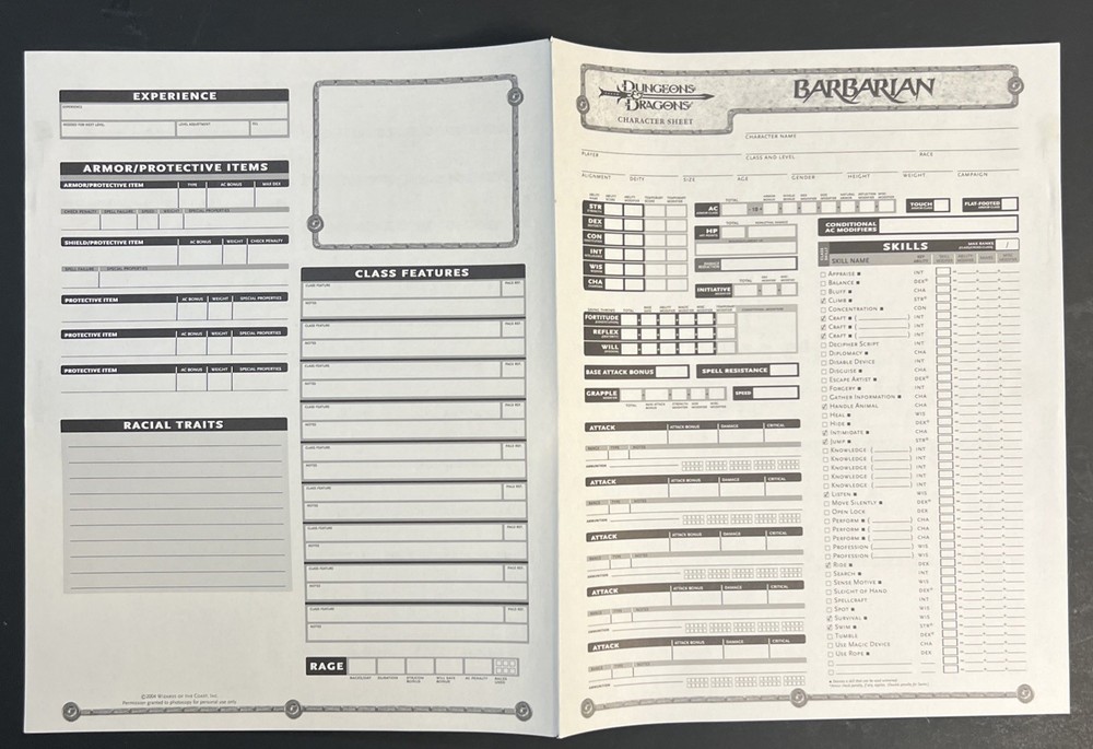 2004 Dungeons And Dragons Folder And Character Sheets. Folder Has Some Flaws